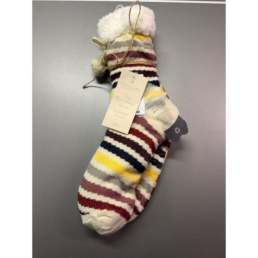 Quagga Womens Slipper Socks Faux Sherpa Lined Striped Pom Pom NEW cozy winter
